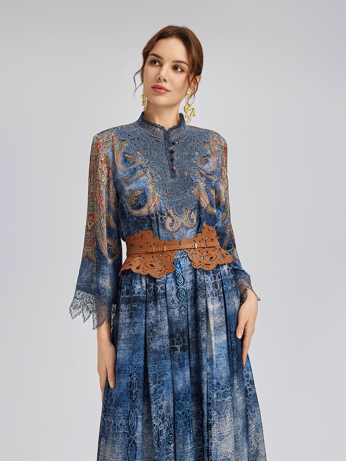 %100 İpek Şal Desenli Batik Hakim Yaka Bluz