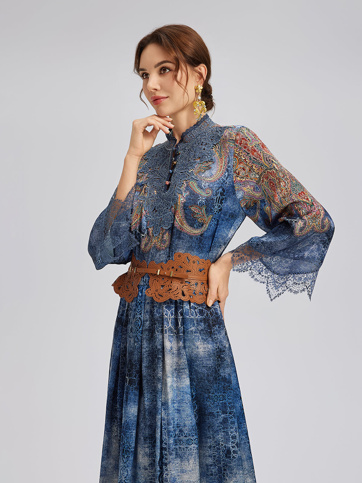 %100 İpek Şal Desenli Batik Hakim Yaka Bluz