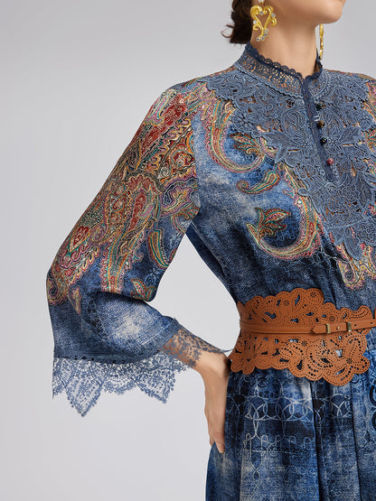 %100 İpek Şal Desenli Batik Hakim Yaka Bluz