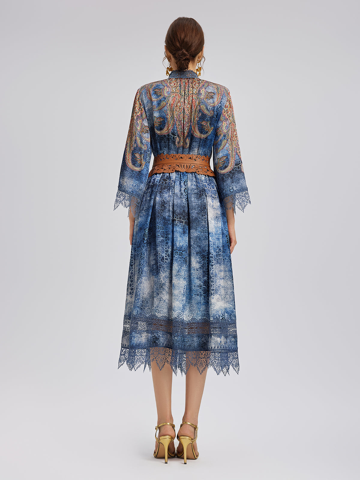 %100 İpek Şal Desenli Batik Hakim Yaka Bluz