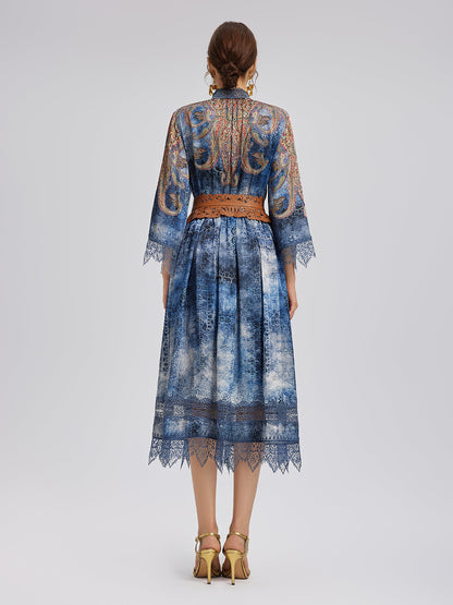 %100 İpek Şal Desenli Batik Hakim Yaka Bluz