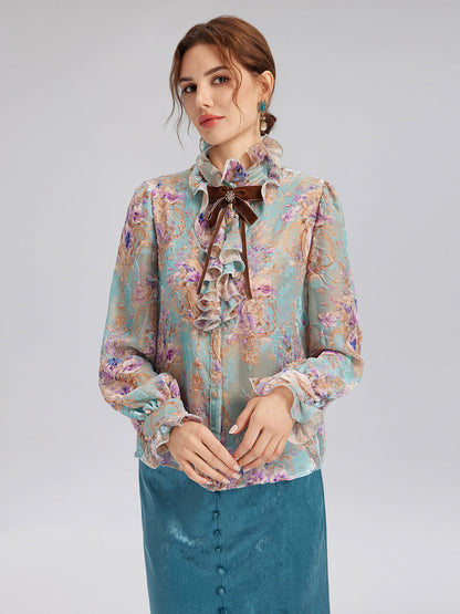 İpek Kadife Fiyonklu Fırfırlı Bluz