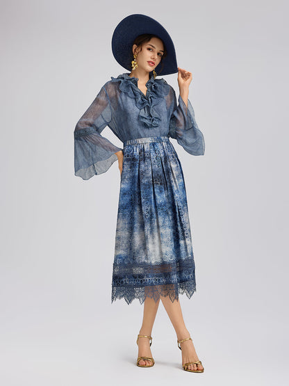 İpek Dantelli Fırfır Kenarlı Bluz (%100 İpek)