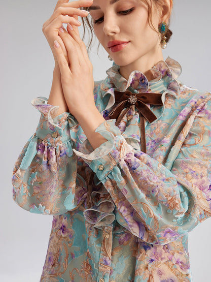 İpek Kadife Fiyonklu Fırfırlı Bluz