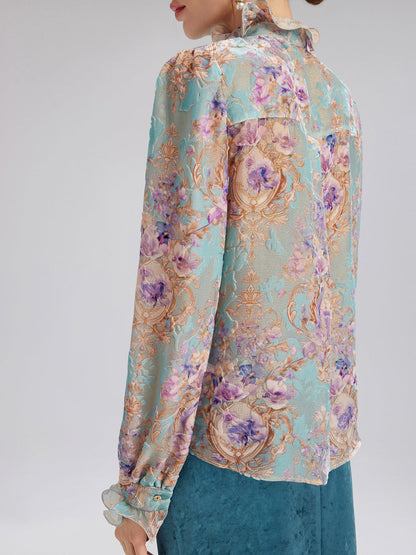 İpek Kadife Fiyonklu Fırfırlı Bluz