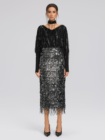 Yarasa Kol Pullu Püsküllü Bluz