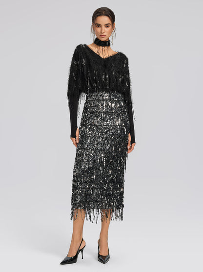 Yarasa Kol Pullu Püsküllü Bluz