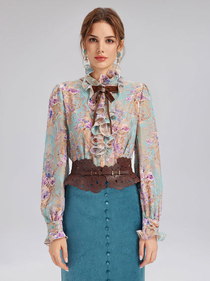 İpek Kadife Fiyonklu Fırfırlı Bluz