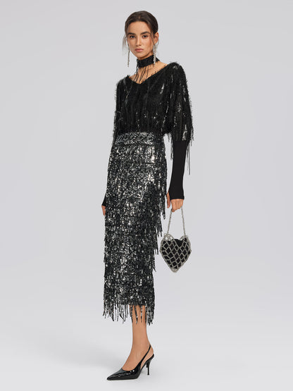 Yarasa Kol Pullu Püsküllü Bluz