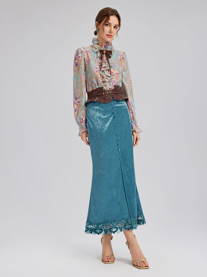 İpek Kadife Fiyonklu Fırfırlı Bluz