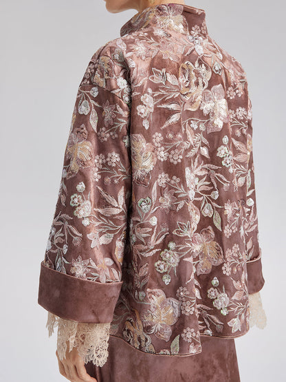 Kadife Pullu Çiçek Nakışlı Ceket