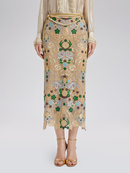 Bohem Nakışlı Çiçekli Beli Lastikli Etek