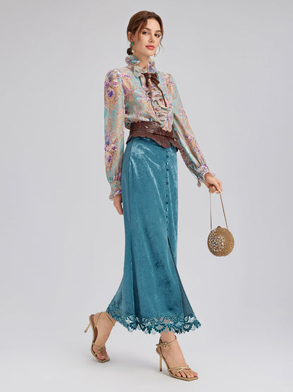 İpek Kadife Fiyonklu Fırfırlı Bluz