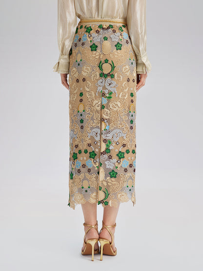 Bohem Nakışlı Çiçekli Beli Lastikli Etek