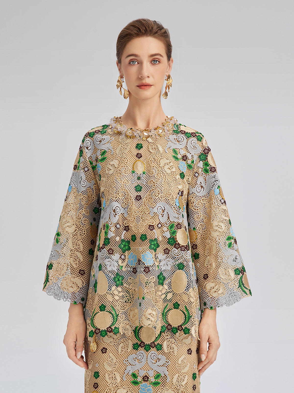 Bohem Nakışlı Çiçekli Boncuklu Bluz