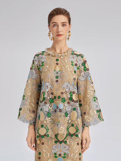 Bohem Nakışlı Çiçekli Boncuklu Bluz