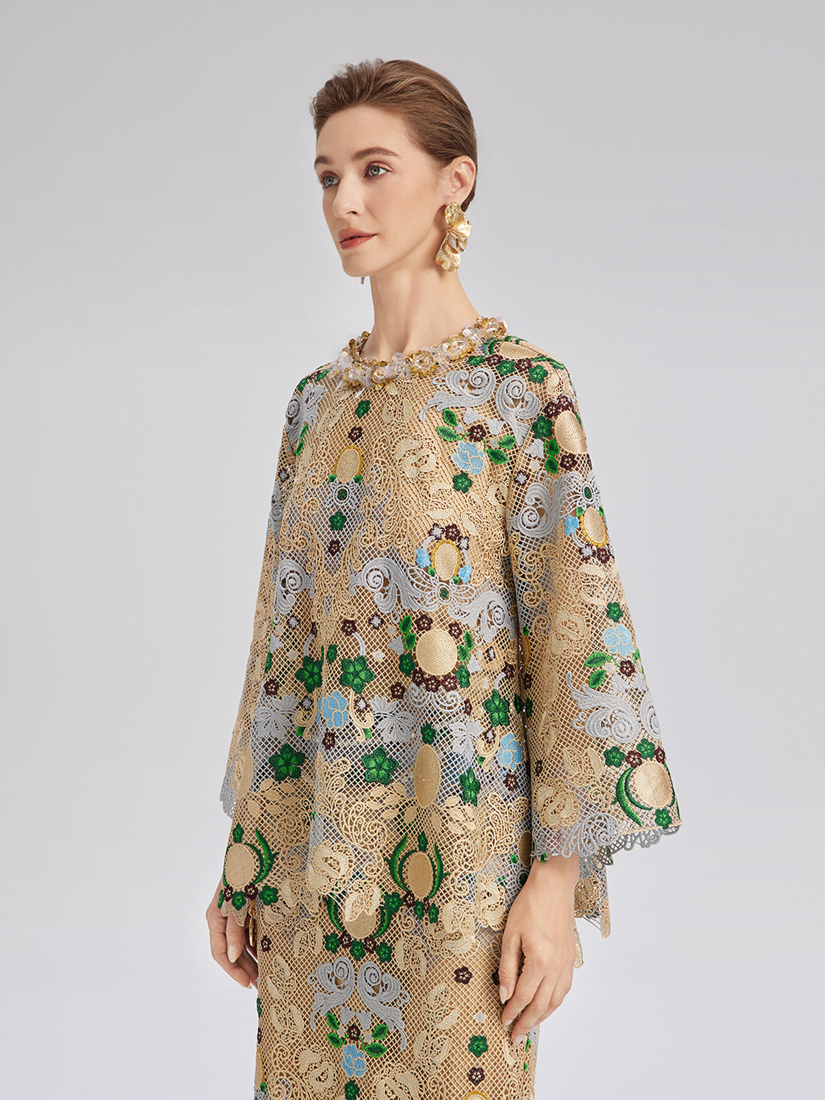 Bohem Nakışlı Çiçekli Boncuklu Bluz