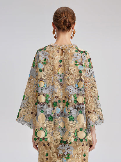 Bohem Nakışlı Çiçekli Boncuklu Bluz