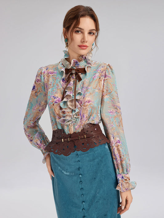 İpek Kadife Fiyonklu Fırfırlı Bluz