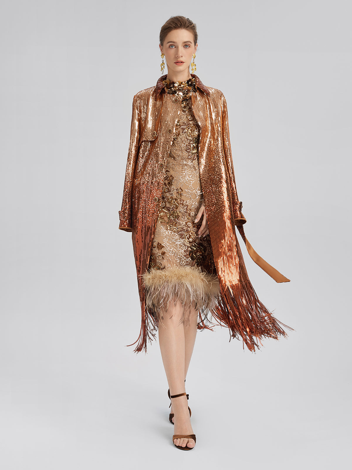 Renk Geçişli Pullu Püsküllü Trençkot (Kemer Dahil)