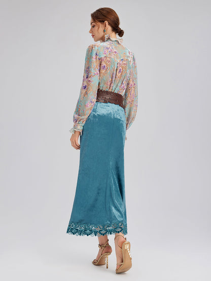 İpek Kadife Fiyonklu Fırfırlı Bluz