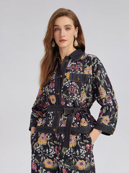 Pullu Nakışlı Çiçekli Kot Ceket