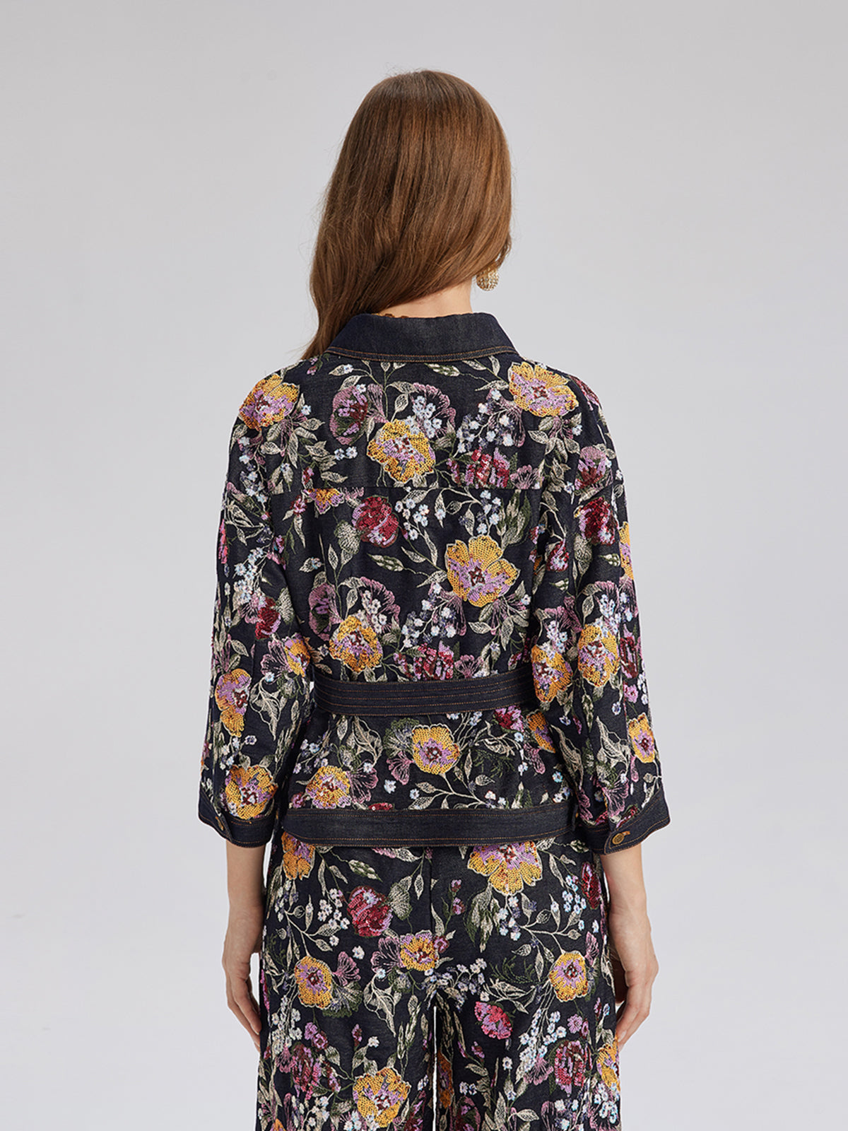Pullu Nakışlı Çiçekli Kot Ceket