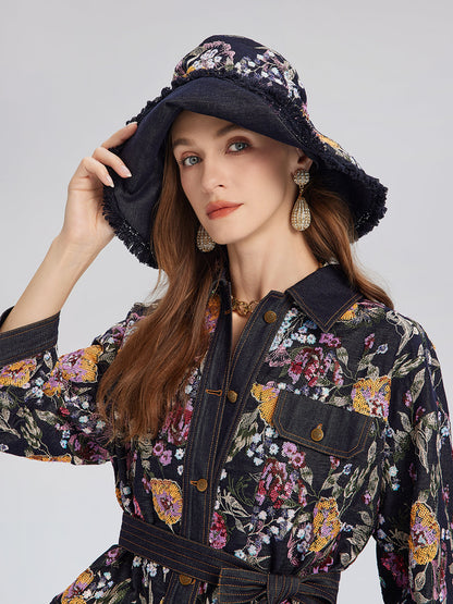 Pullu Nakışlı Çiçekli Kot Ceket