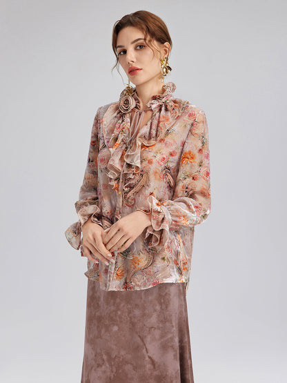 İpek Kadife Gül Kurusu Fırfırlı Bluz