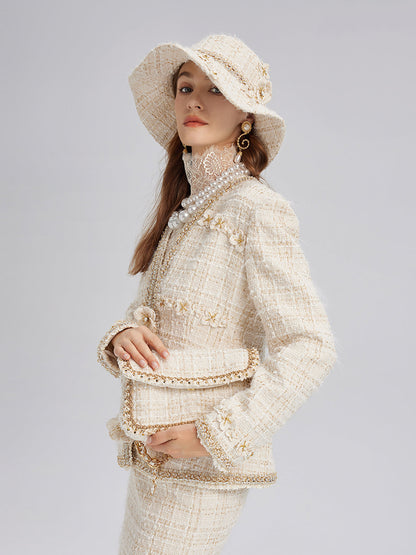 İki Renkli Kareli Tüvit El İşlemeli Çiçekli Ceket (Toka Dahil)