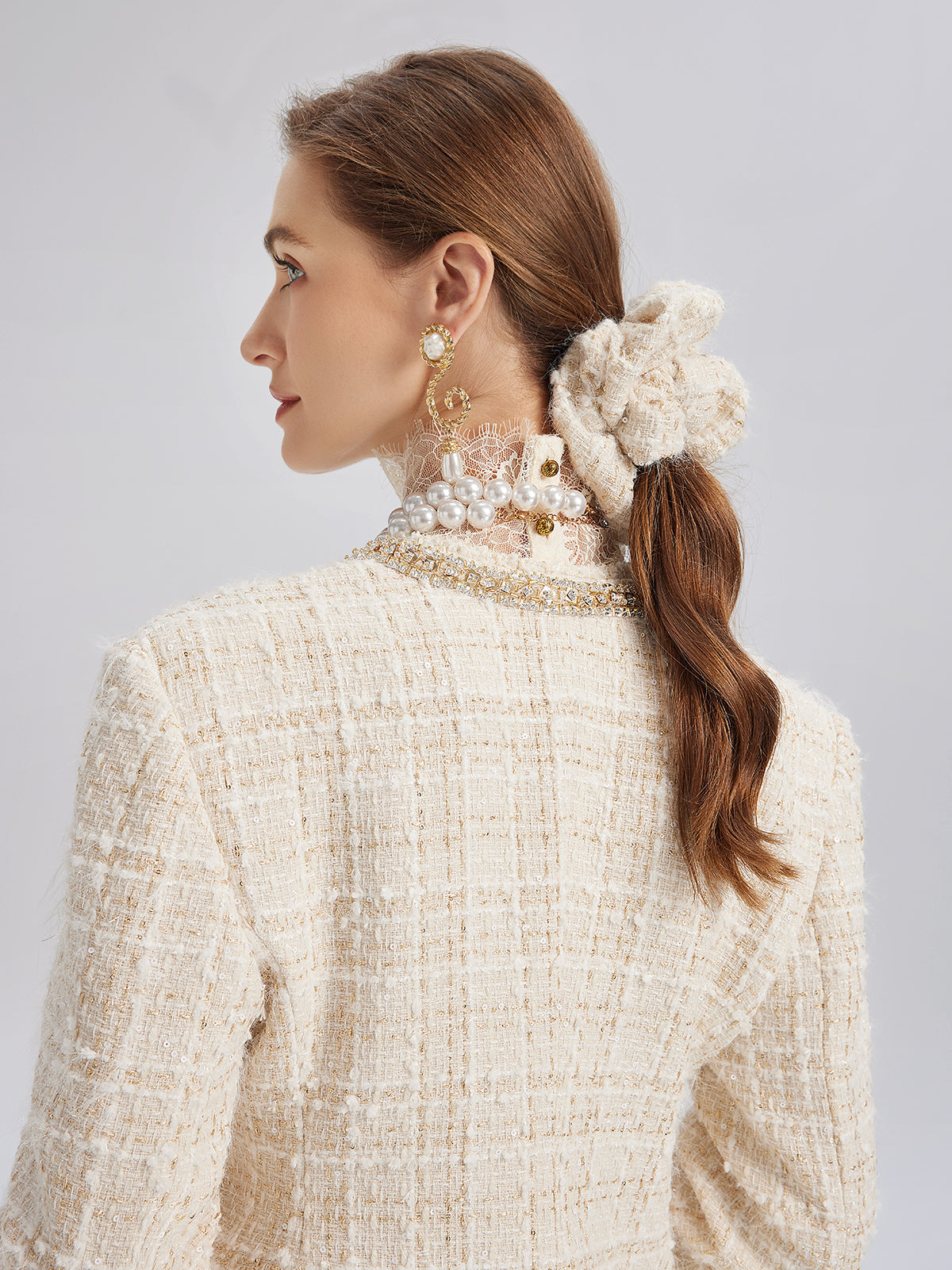 İki Renkli Kareli Tüvit El İşlemeli Çiçekli Ceket (Toka Dahil)