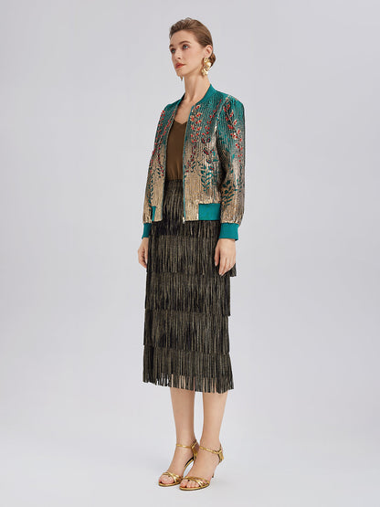 El İşlemeli Boncuklu Renk Geçişli Kolej Ceketi