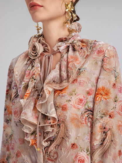 İpek Kadife Gül Kurusu Fırfırlı Bluz