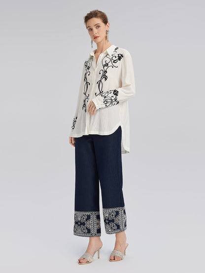 Delik İşlemeli Nakışlı Pamuklu Düz Pantolon