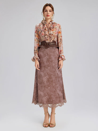 Kestane Rengi Kadife Dantel Kenarlı Balık Etek