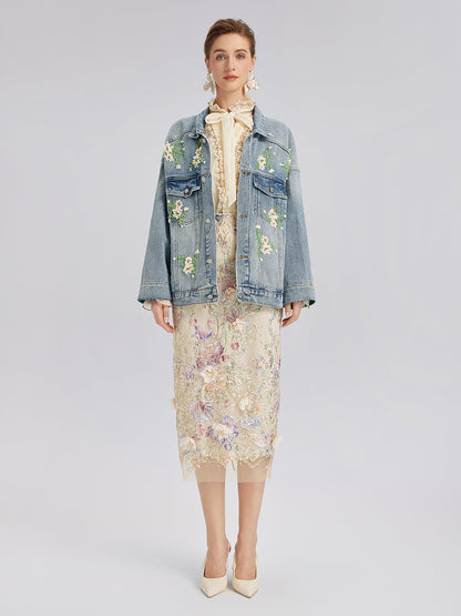 El İşlemeli Yıkamalı Kot Ceket