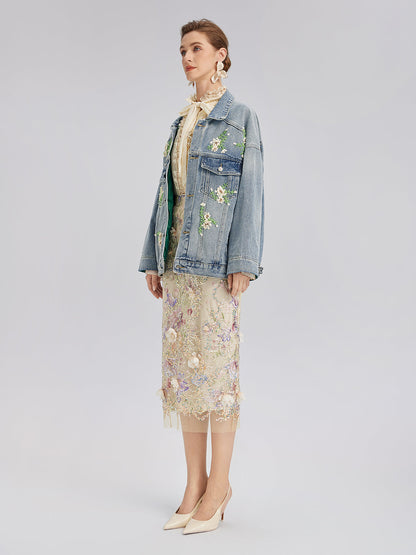 El İşlemeli Yıkamalı Kot Ceket