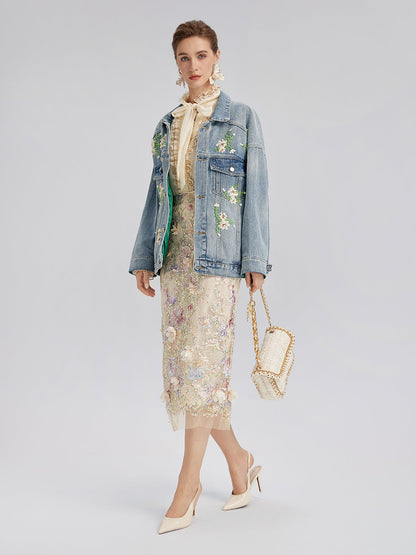 El İşlemeli Yıkamalı Kot Ceket