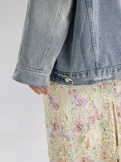 El İşlemeli Yıkamalı Kot Ceket