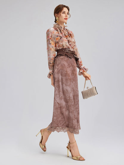 Kestane Rengi Kadife Dantel Kenarlı Balık Etek