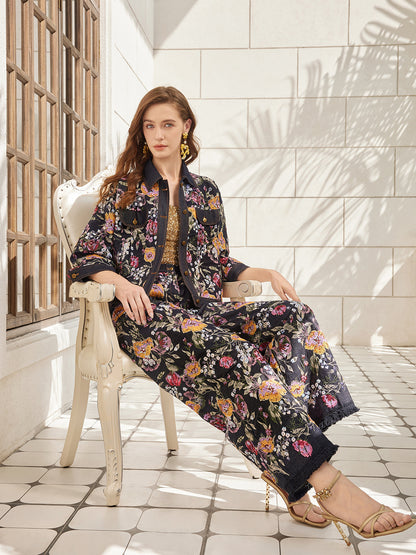 Pullu Nakışlı Çiçekli Kot Ceket