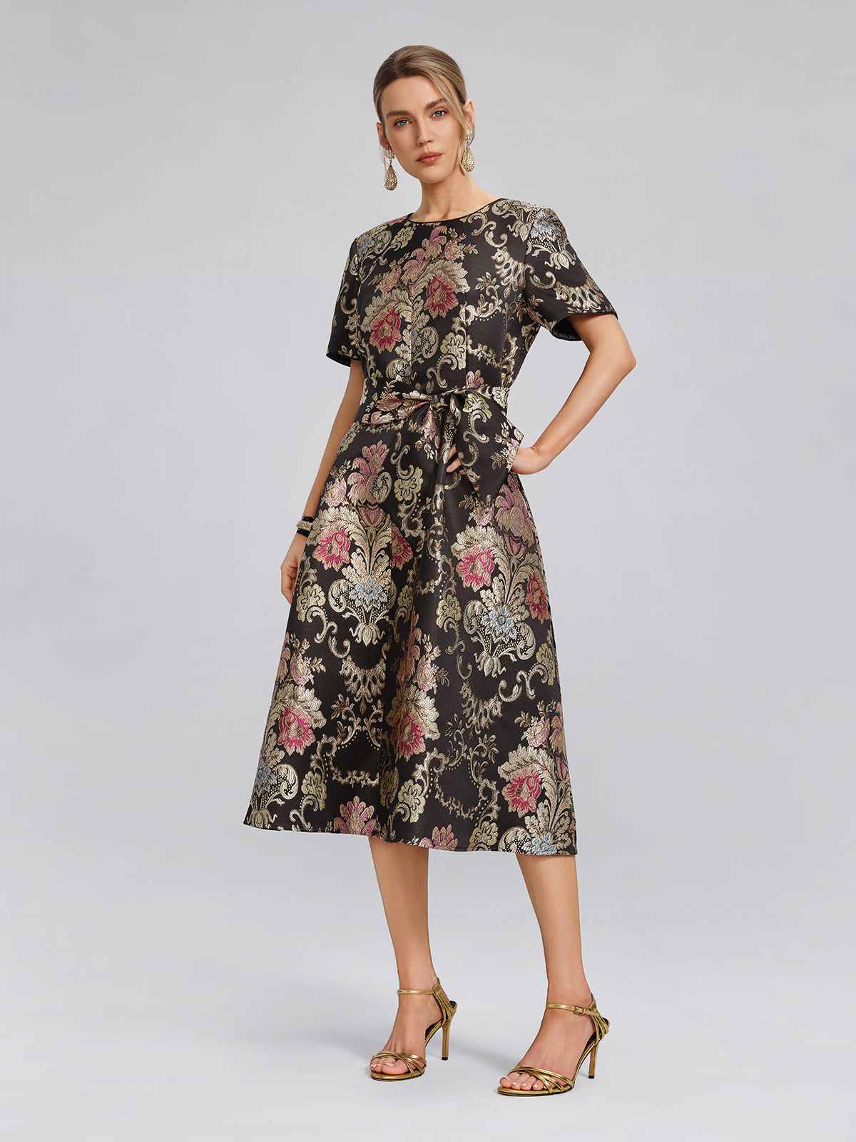 Vintage Metalik Nakışlı Abiye Elbise