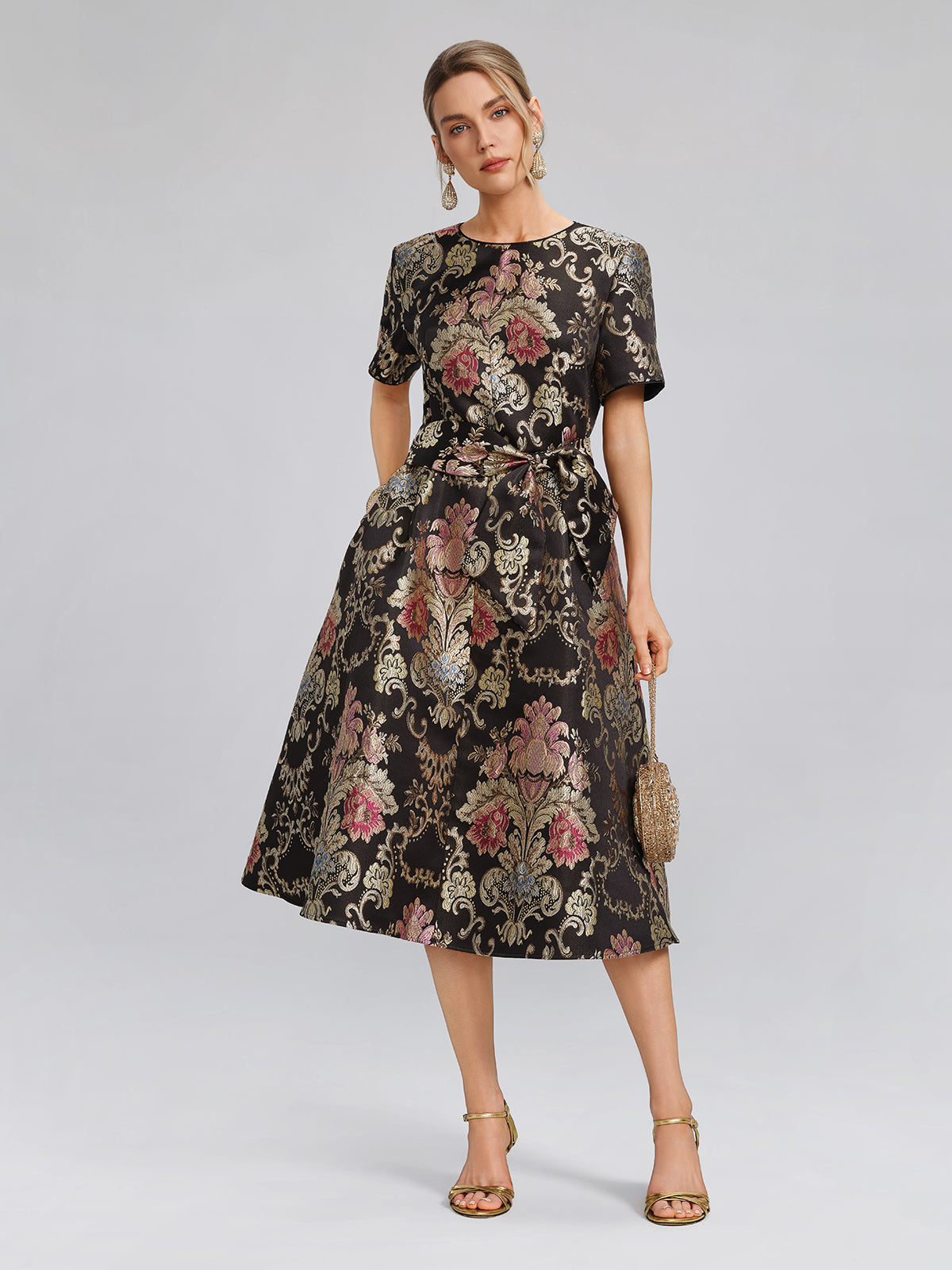 Vintage Metalik Nakışlı Abiye Elbise