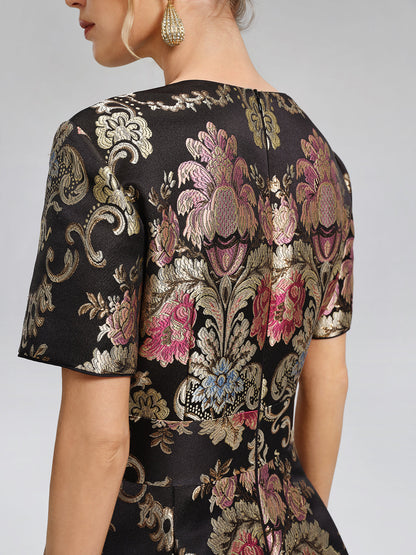 Vintage Metalik Nakışlı Abiye Elbise