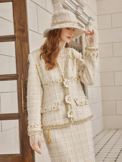 İki Renkli Kareli Tüvit El İşlemeli Çiçekli Ceket (Toka Dahil)