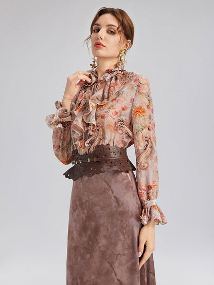 İpek Kadife Gül Kurusu Fırfırlı Bluz