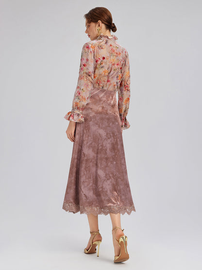 İpek Kadife Gül Kurusu Fırfırlı Bluz