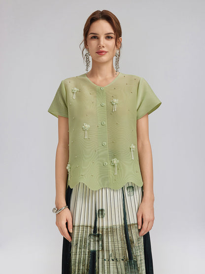 Püsküllü Çiçekli Pileli Boncuklu V Yaka Bluz