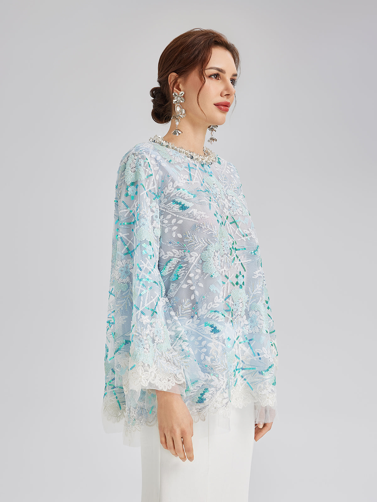 Fransız Özel Nakışlı Pullu Pelerin Bluz