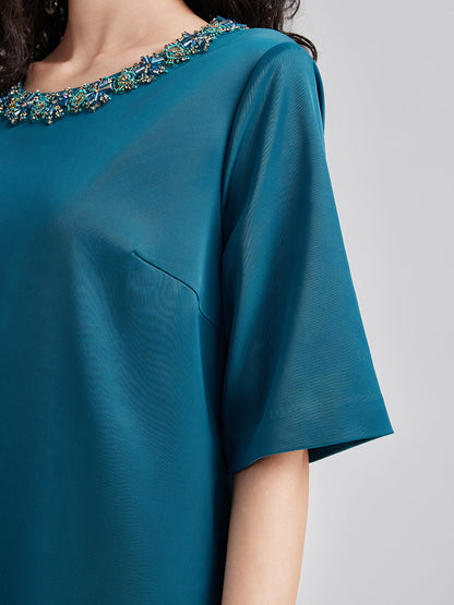 Yoğun Kristal Taşlı Şık Saten Elbise